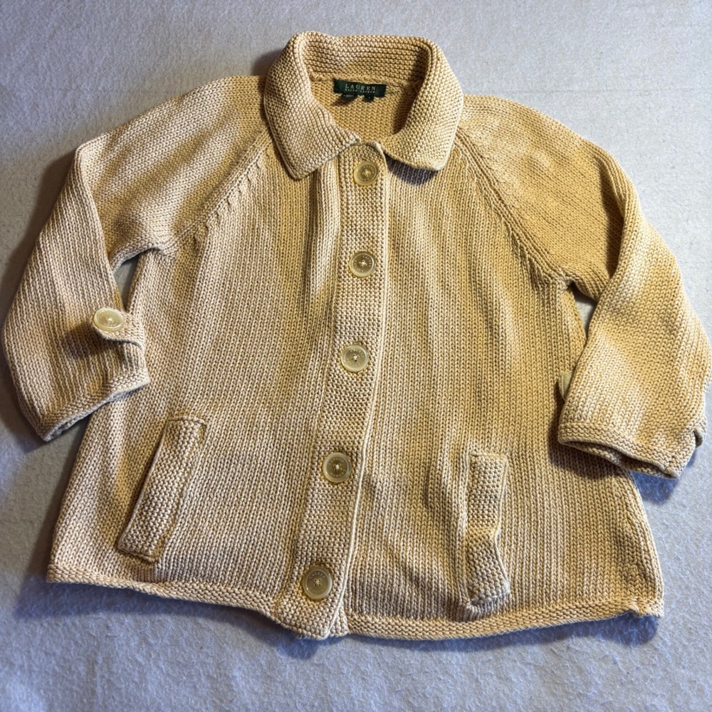 Lauren Ralph Lauren Beige Knit Cardigan Jacket Women's L Button Front Pockets